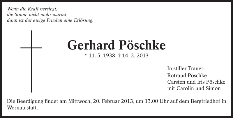  Traueranzeige für Gerhard Pöschke vom 15.02.2013 aus Eßlinger Zeitung/Cannstatter Zeitung