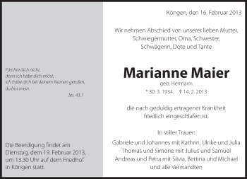 Traueranzeige von Marianne Maier von Eßlinger Zeitung/Cannstatter Zeitung