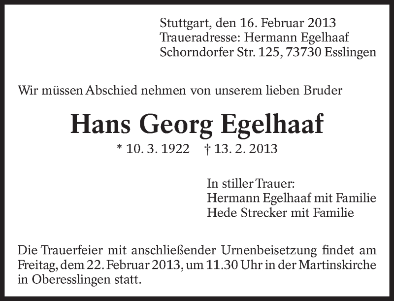  Traueranzeige für Hans Georg Egelhaaf vom 16.02.2013 aus Eßlinger Zeitung/Cannstatter Zeitung
