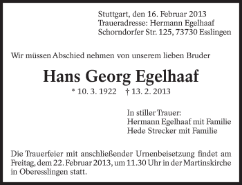 Traueranzeige von Hans Georg Egelhaaf von Eßlinger Zeitung/Cannstatter Zeitung