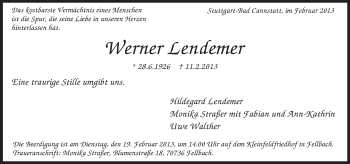 Traueranzeige von Werner Lendemer von Eßlinger Zeitung/Cannstatter Zeitung