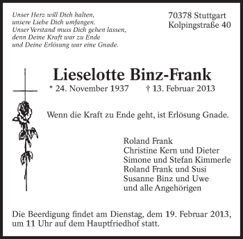 Traueranzeige von Lieselotte Binz-Frank von Eßlinger Zeitung/Cannstatter Zeitung