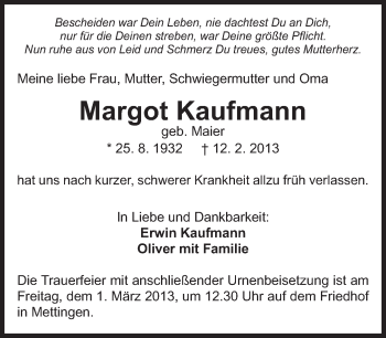 Traueranzeige von Margot Kaufmann von Eßlinger Zeitung/Cannstatter Zeitung