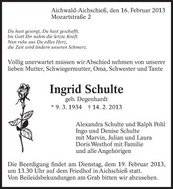 Traueranzeige von Ingrid Schulte von Eßlinger Zeitung/Cannstatter Zeitung