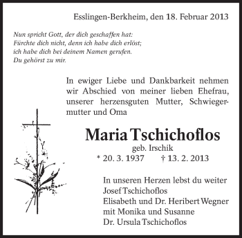 Traueranzeige von Maria Tschichoflos von Eßlinger Zeitung/Cannstatter Zeitung