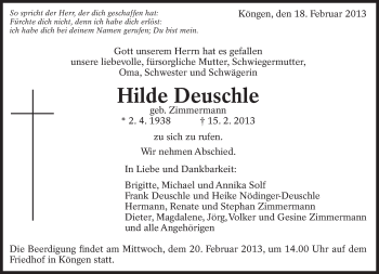 Traueranzeige von Hilde Deuschle von Eßlinger Zeitung/Cannstatter Zeitung