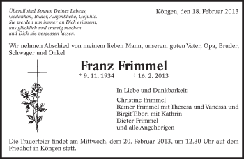 Traueranzeige von Franz Frimmel von Eßlinger Zeitung/Cannstatter Zeitung