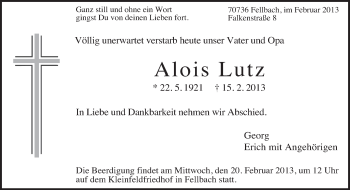 Traueranzeige von Alois Lutz von Eßlinger Zeitung/Cannstatter Zeitung