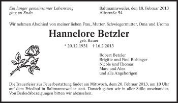 Traueranzeige von Hannelore Betzler von Eßlinger Zeitung/Cannstatter Zeitung