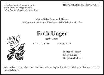 Traueranzeige von Ruth Unger von Eßlinger Zeitung/Cannstatter Zeitung