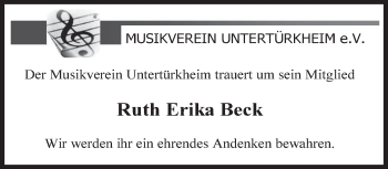 Traueranzeige von Ruth Erika Beck von Eßlinger Zeitung/Cannstatter Zeitung