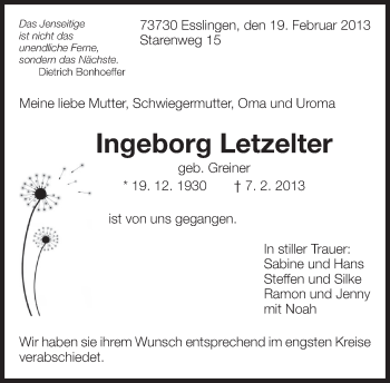 Traueranzeige von Ingeborg Letzelter von Eßlinger Zeitung/Cannstatter Zeitung