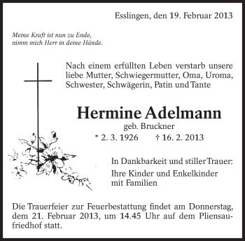 Traueranzeige von Hermine Adelmann von Eßlinger Zeitung/Cannstatter Zeitung