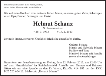 Traueranzeige von Helmut Schanz von Eßlinger Zeitung/Cannstatter Zeitung