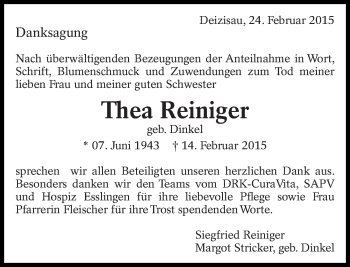 Traueranzeige von Thea Reiniger von Eßlinger Zeitung/Cannstatter Zeitung