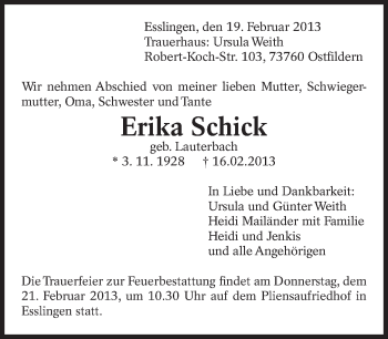 Traueranzeige von Erika Schick von Eßlinger Zeitung/Cannstatter Zeitung