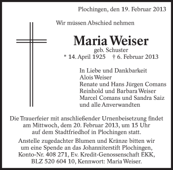 Traueranzeige von Maria Weiser von Eßlinger Zeitung/Cannstatter Zeitung