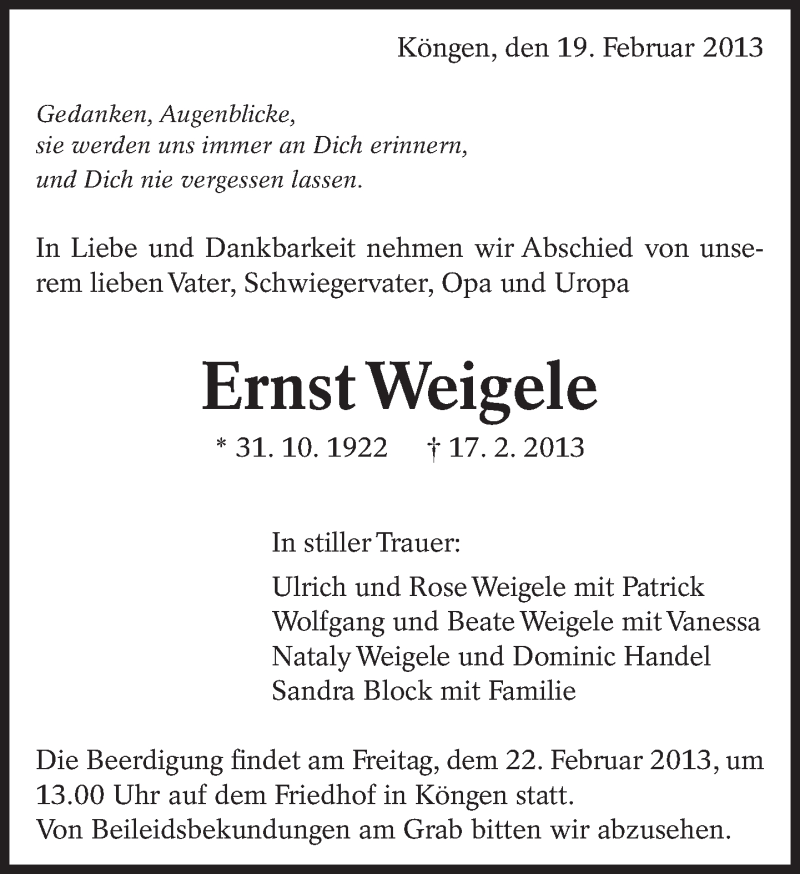  Traueranzeige für Ernst Weigele vom 19.02.2013 aus Eßlinger Zeitung/Cannstatter Zeitung