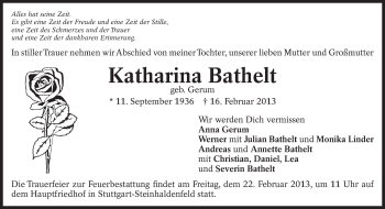 Traueranzeige von Katharina Bathelt von Eßlinger Zeitung/Cannstatter Zeitung