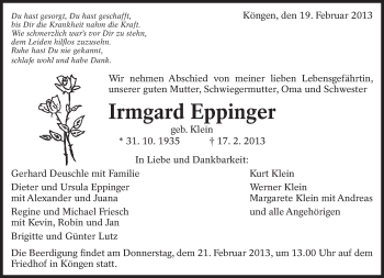Traueranzeige von Irmgard Eppinger von Eßlinger Zeitung/Cannstatter Zeitung