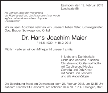 Traueranzeige von Hans-Joachim Maier von Eßlinger Zeitung/Cannstatter Zeitung