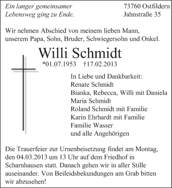 Traueranzeige von Willi Schmidt von Eßlinger Zeitung/Cannstatter Zeitung