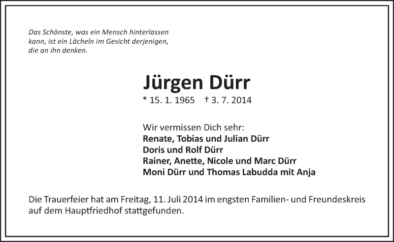  Traueranzeige für Jürgen Dürr vom 14.07.2014 aus Eßlinger Zeitung/Cannstatter Zeitung