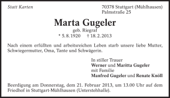 Traueranzeige von Marta Gugeler von Eßlinger Zeitung/Cannstatter Zeitung