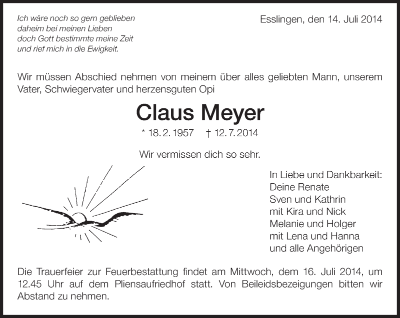  Traueranzeige für Claus Meyer vom 14.07.2014 aus Eßlinger Zeitung/Cannstatter Zeitung