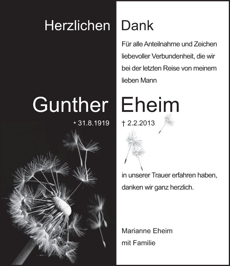  Traueranzeige für Gunther Eheim vom 23.02.2013 aus Eßlinger Zeitung/Cannstatter Zeitung