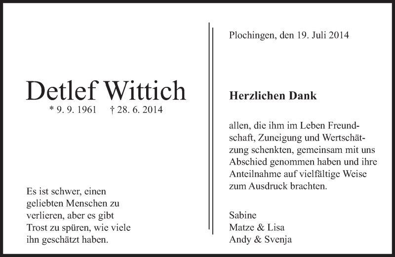  Traueranzeige für Detlef Wittich vom 19.07.2014 aus Eßlinger Zeitung/Cannstatter Zeitung