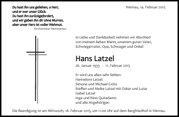 Traueranzeige von Hans Latzel von Eßlinger Zeitung/Cannstatter Zeitung