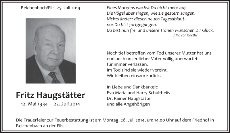  Traueranzeige für Fritz Haugstätter vom 25.07.2014 aus Eßlinger Zeitung/Cannstatter Zeitung