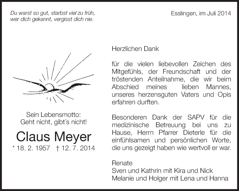  Traueranzeige für Claus Meyer vom 26.07.2014 aus Eßlinger Zeitung/Cannstatter Zeitung