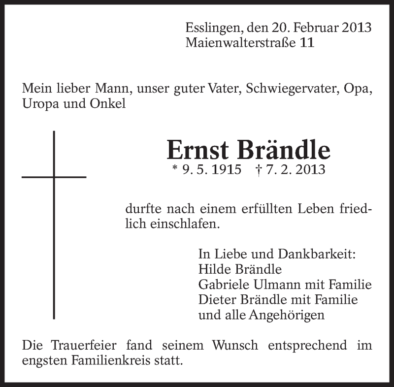  Traueranzeige für Ernst Brändle vom 20.02.2013 aus Eßlinger Zeitung/Cannstatter Zeitung