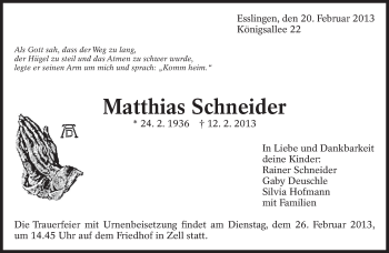 Traueranzeige von Matthias Schneider von Eßlinger Zeitung/Cannstatter Zeitung