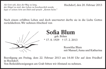 Traueranzeige von Sofia Blum von Eßlinger Zeitung/Cannstatter Zeitung