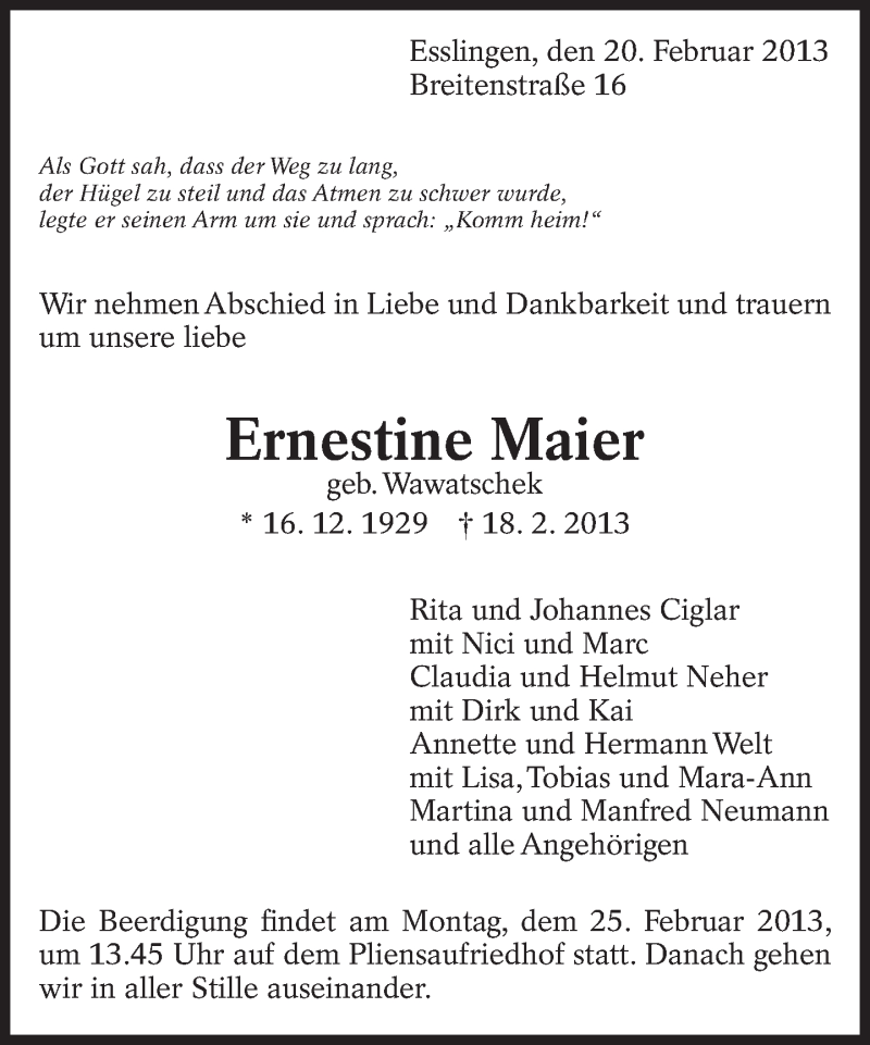  Traueranzeige für Ernestine Maier vom 20.02.2013 aus Eßlinger Zeitung/Cannstatter Zeitung