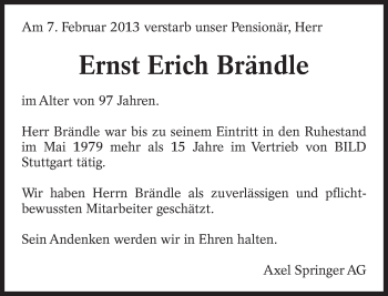Traueranzeige von Ernst Erich Brändle von Eßlinger Zeitung/Cannstatter Zeitung