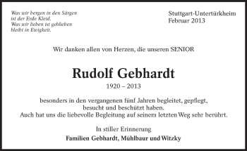 Traueranzeige von Rudolf Gebhardt von Eßlinger Zeitung/Cannstatter Zeitung