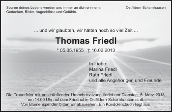 Traueranzeige von Thomas Friedl von Eßlinger Zeitung/Cannstatter Zeitung
