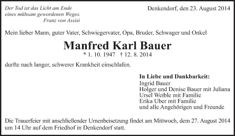  Traueranzeige für Manfred Karl Bauer vom 23.08.2014 aus Eßlinger Zeitung/Cannstatter Zeitung