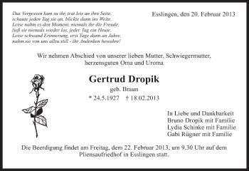 Traueranzeige von Gertrud Dropik von Eßlinger Zeitung/Cannstatter Zeitung
