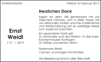 Traueranzeige von Ernst Weidl von Eßlinger Zeitung/Cannstatter Zeitung