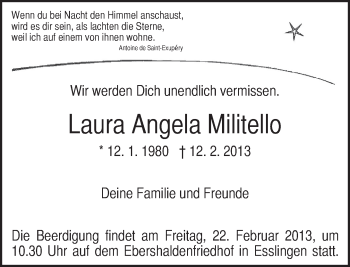 Traueranzeige von Laura Angela Militello von Eßlinger Zeitung/Cannstatter Zeitung