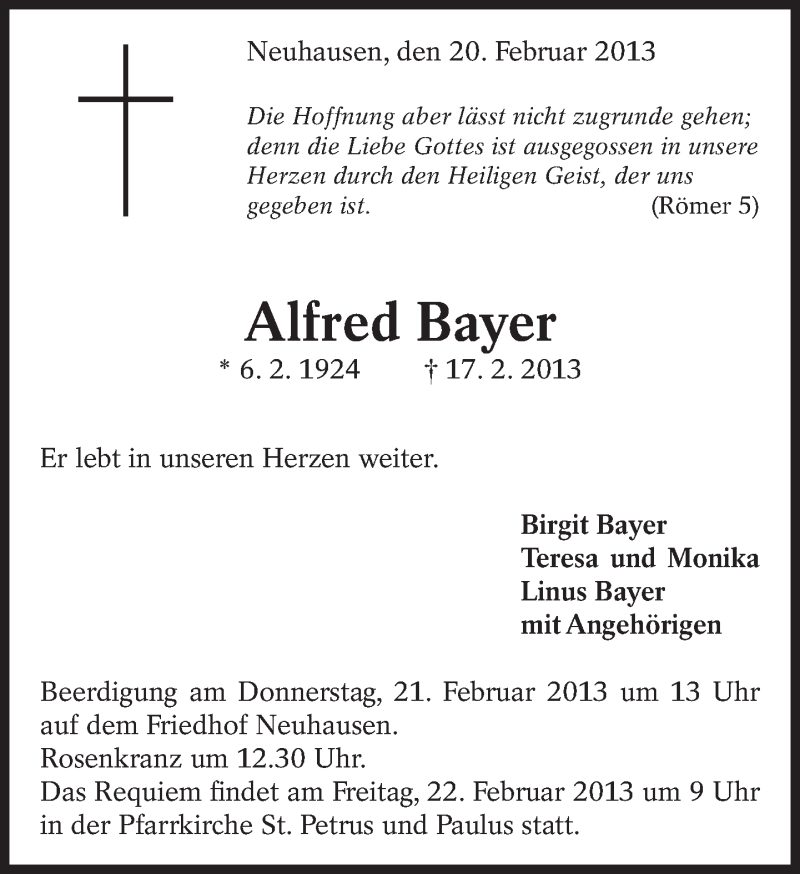 Traueranzeige für Alfred Bayer vom 20.02.2013 aus Eßlinger Zeitung/Cannstatter Zeitung