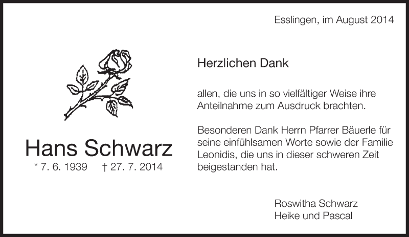  Traueranzeige für Hans Schwarz vom 21.08.2014 aus Eßlinger Zeitung/Cannstatter Zeitung
