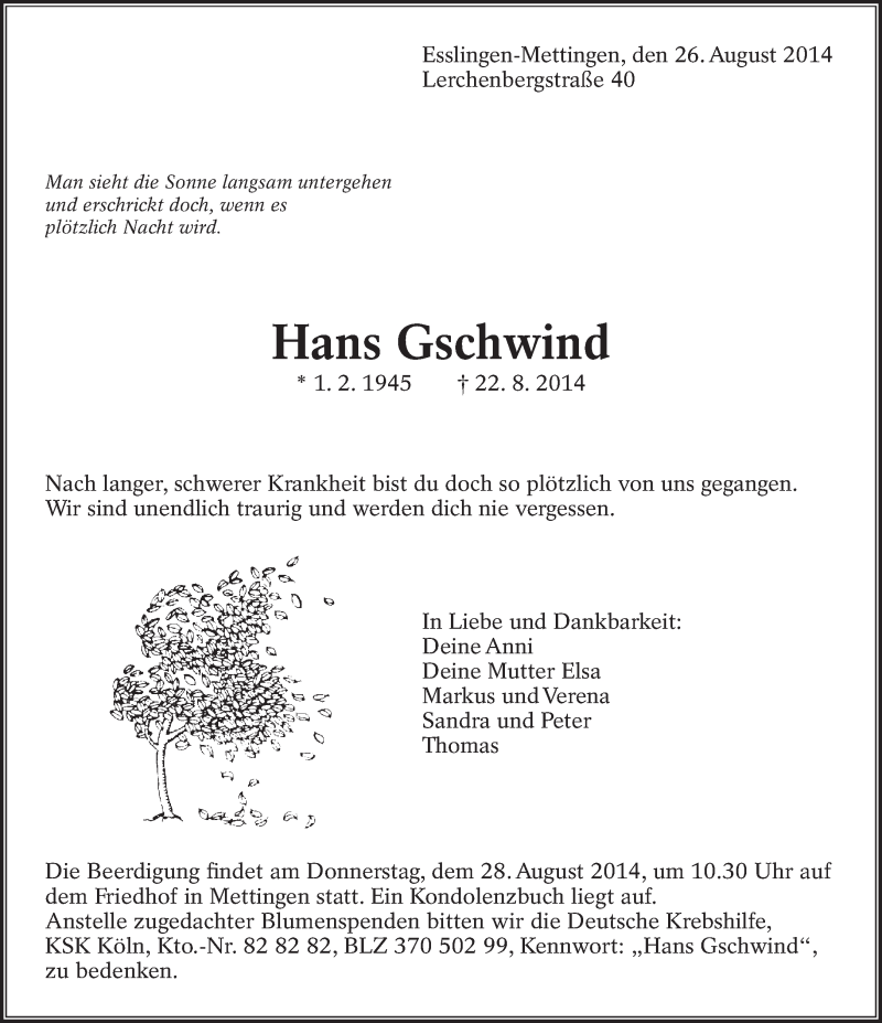  Traueranzeige für Hans Gschwind vom 26.08.2014 aus Eßlinger Zeitung/Cannstatter Zeitung