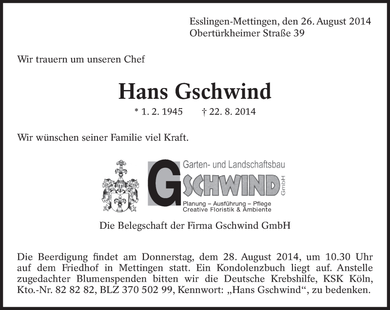  Traueranzeige für Hans Gschwind vom 26.08.2014 aus Eßlinger Zeitung/Cannstatter Zeitung