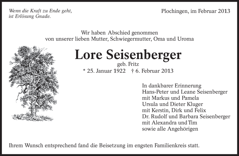  Traueranzeige für Lore Seisenberger vom 23.02.2013 aus Eßlinger Zeitung/Cannstatter Zeitung